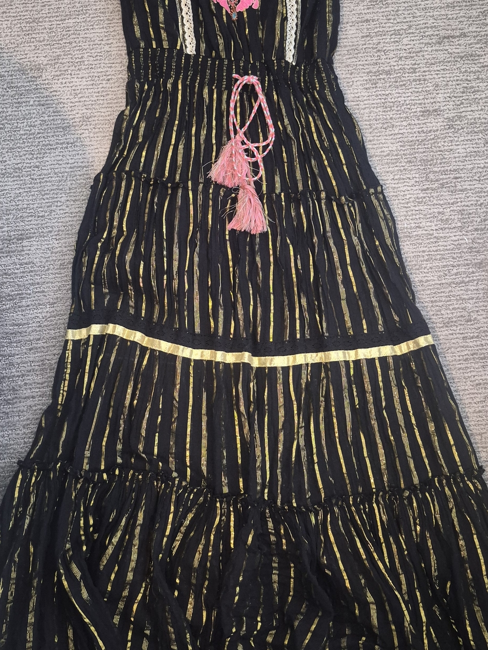 VENUS Black Tunic Top with Gold Stripes and Pink Turquoise Embroidery